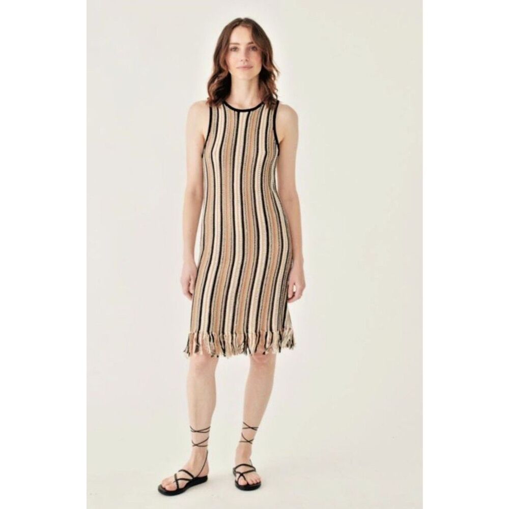 White + Warren NWT Fringe Knit Dress Mercerized Cotton Midi Small Resort Beach